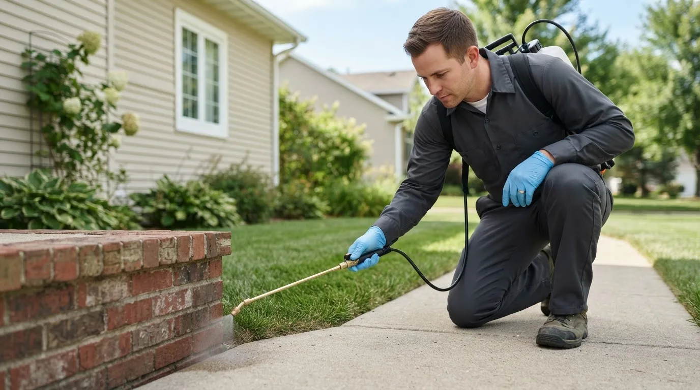 Pest control technician treating a home near Newport, IN